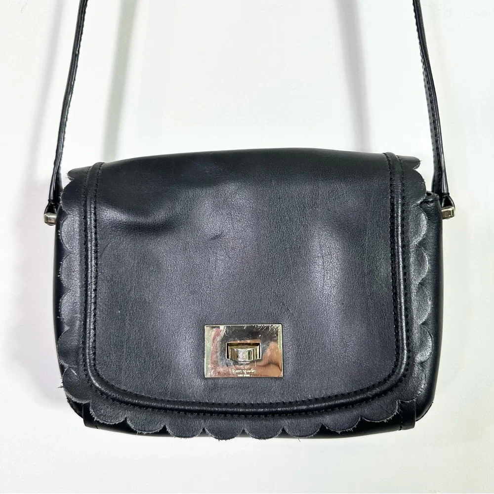 Kate Spade Black Leather Gold Hardware Scalloped Crossbody Bag